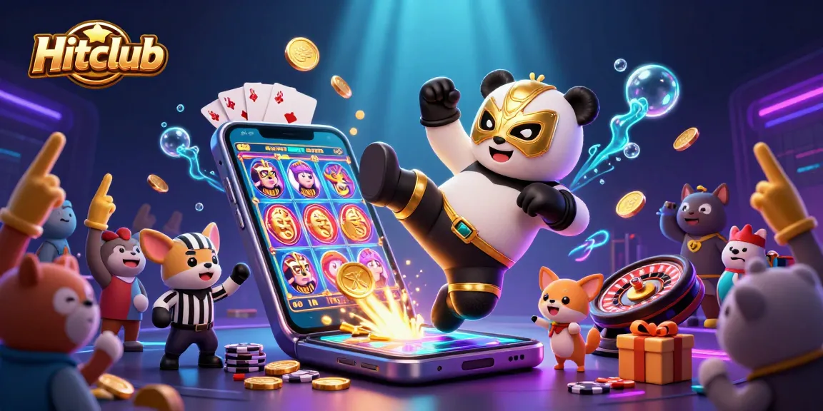 Hitclub showcases exciting slot games with colorful elements and a lively crowd in 3D illustration.