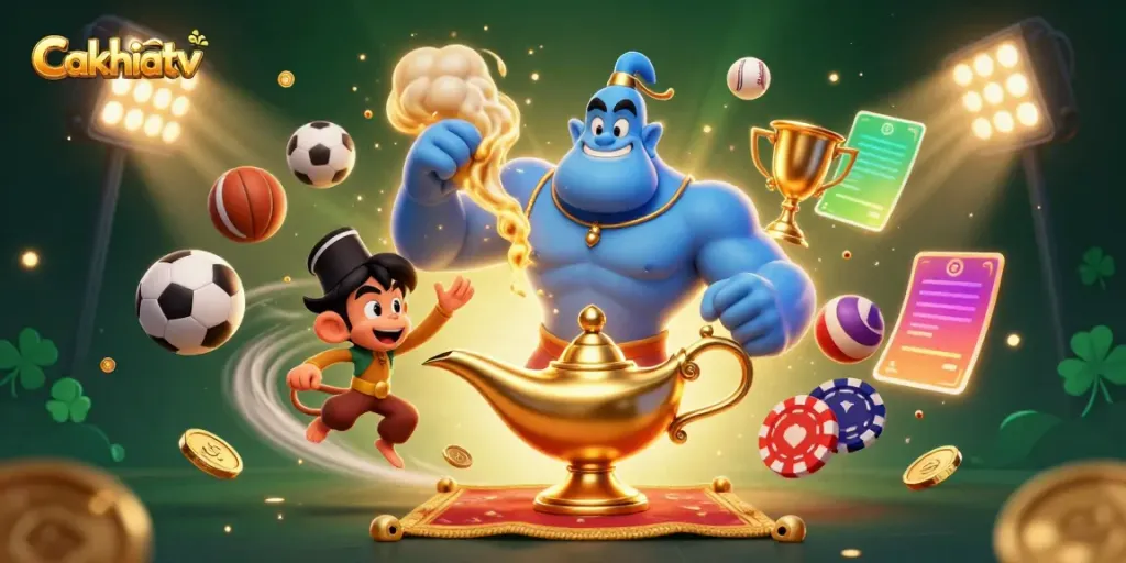 Cakhiatv features an energetic scene with a blue genie, monkey, and sports elements, capturing dynamic sports excitement.