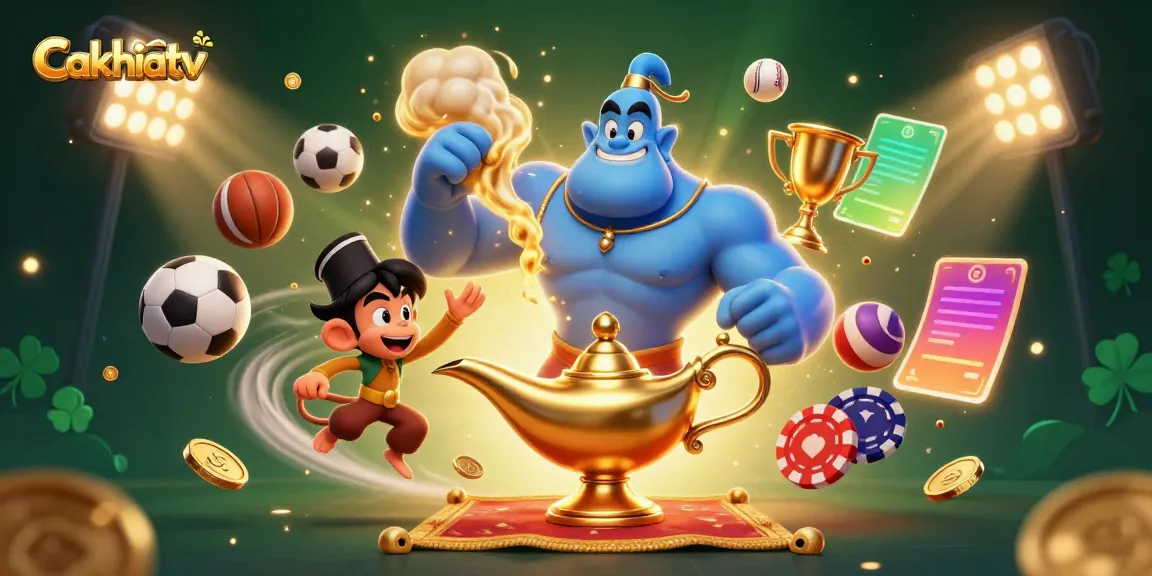 Cakhiatv features an energetic scene with a blue genie, monkey, and sports elements, capturing dynamic sports excitement.