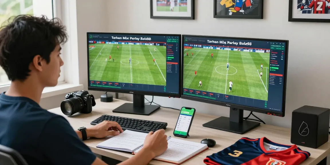 Engaging atmosphere for Taruhan Mix Parlay Bola88 betting with monitors showing live odds and matches.