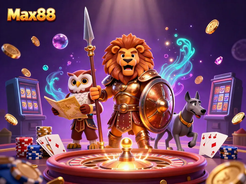 Feel the excitement of Max88 casino with golden coins and dynamic gaming elements in a vibrant atmosphere.