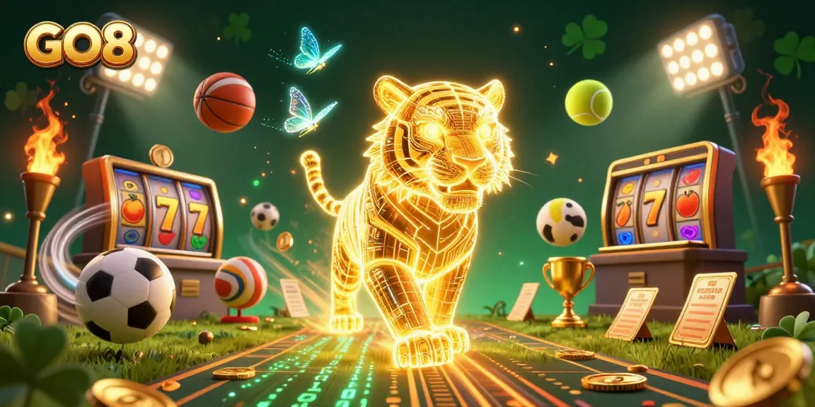 Engage with GO8's thrilling digital casino adventure featuring a neon-wireframe tiger in action.