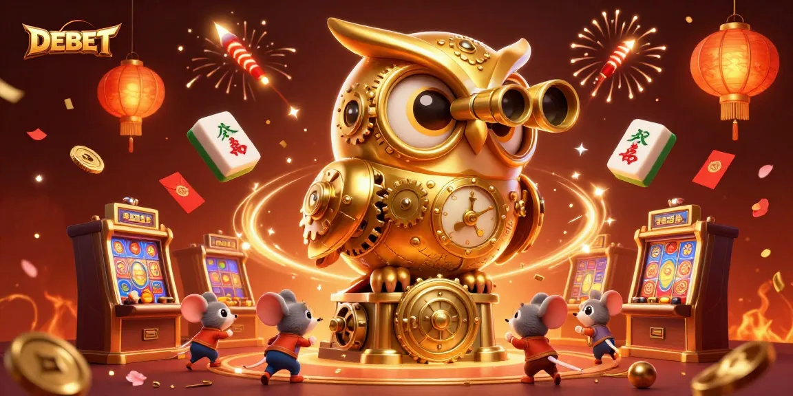 Engage with DEBET in a vibrant casino scene filled with dynamic elements and festive energy.