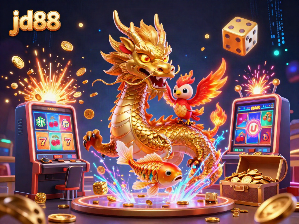 Engage with jd88's immersive gaming world featuring a dragon, phoenix, and koi in a vibrant casino scene.
