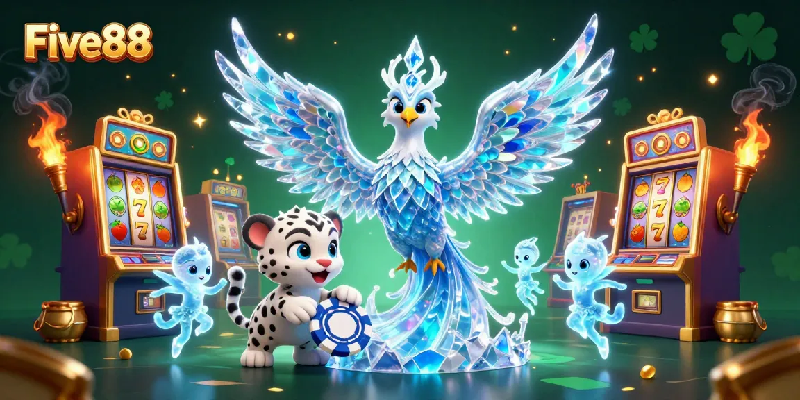 Experience the excitement of Five88 with an illustration of an ice phoenix and vibrant slot machines.