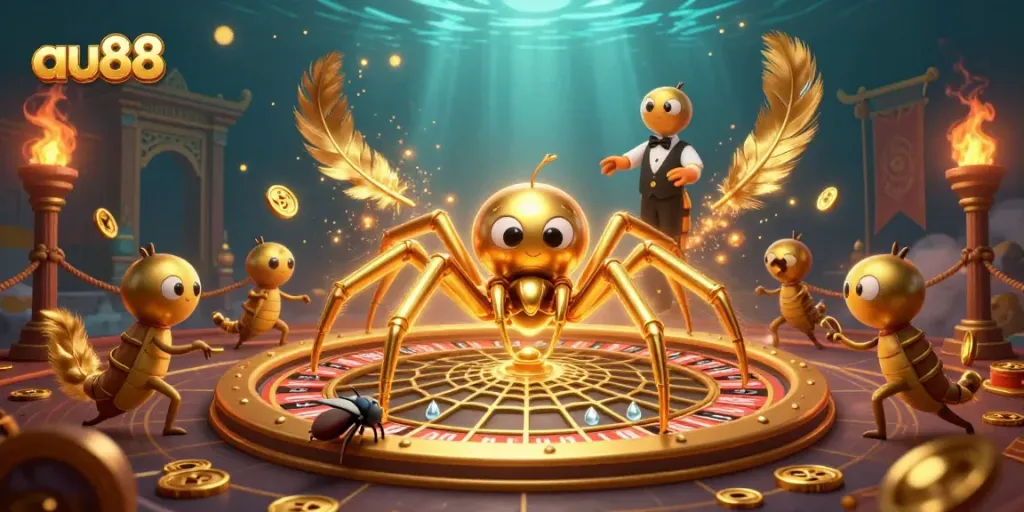 Engage in excitement at au88 with a thrilling scene featuring a golden spider, roulette wheel, and vibrant gambling elements.