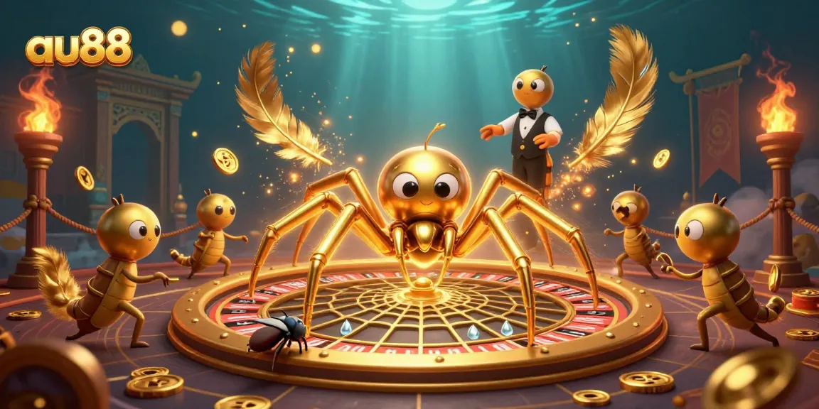 Engage in excitement at au88 with a thrilling scene featuring a golden spider, roulette wheel, and vibrant gambling elements.