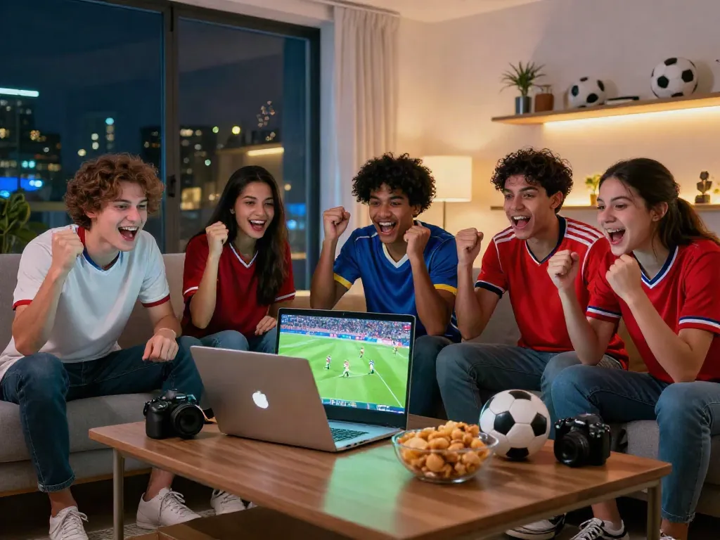Xoilactv fans enjoying a live football match in a lively setting with excitement and snacks.