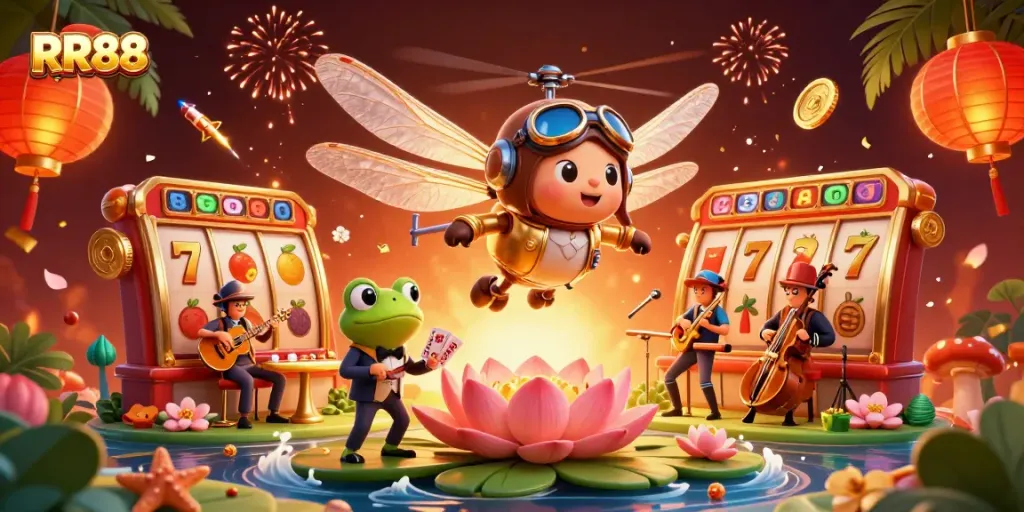 Experience the thrilling ambiance of RR88 with a dynamic casino scene featuring animated characters and slot games.