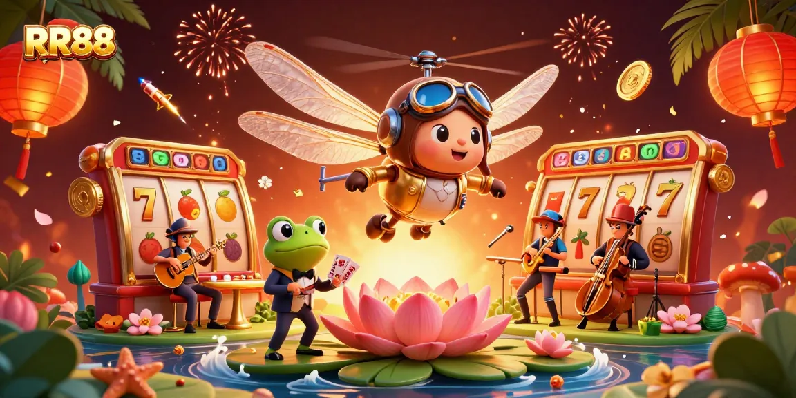 Experience the thrilling ambiance of RR88 with a dynamic casino scene featuring animated characters and slot games.