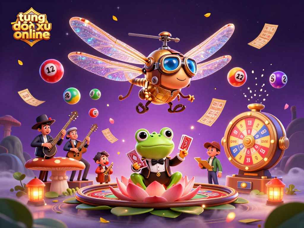 Engage in thrilling play with "tung đồng xu online" amidst lively characters and dazzling casino elements.