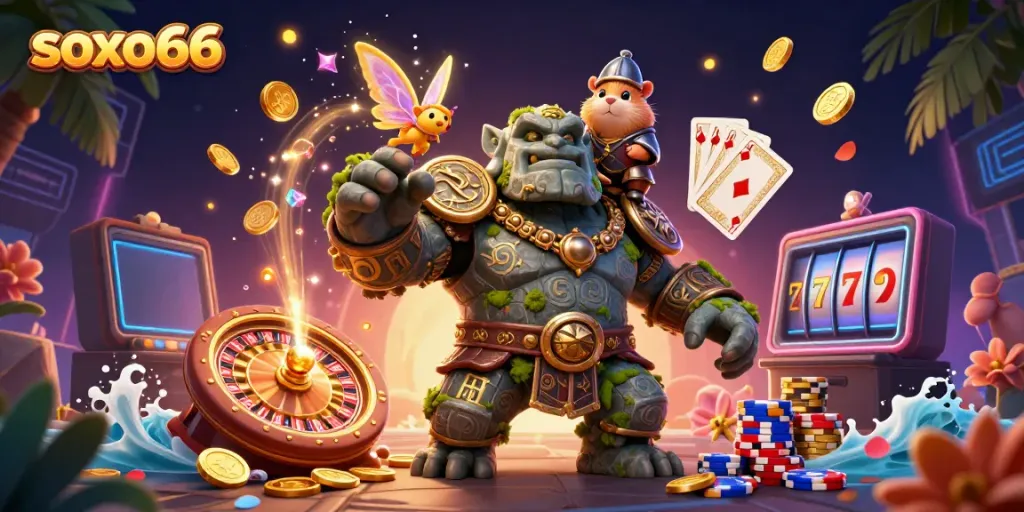 Experience the magic of soxo66 in this vibrant casino scene filled with fantasy characters and winnings.