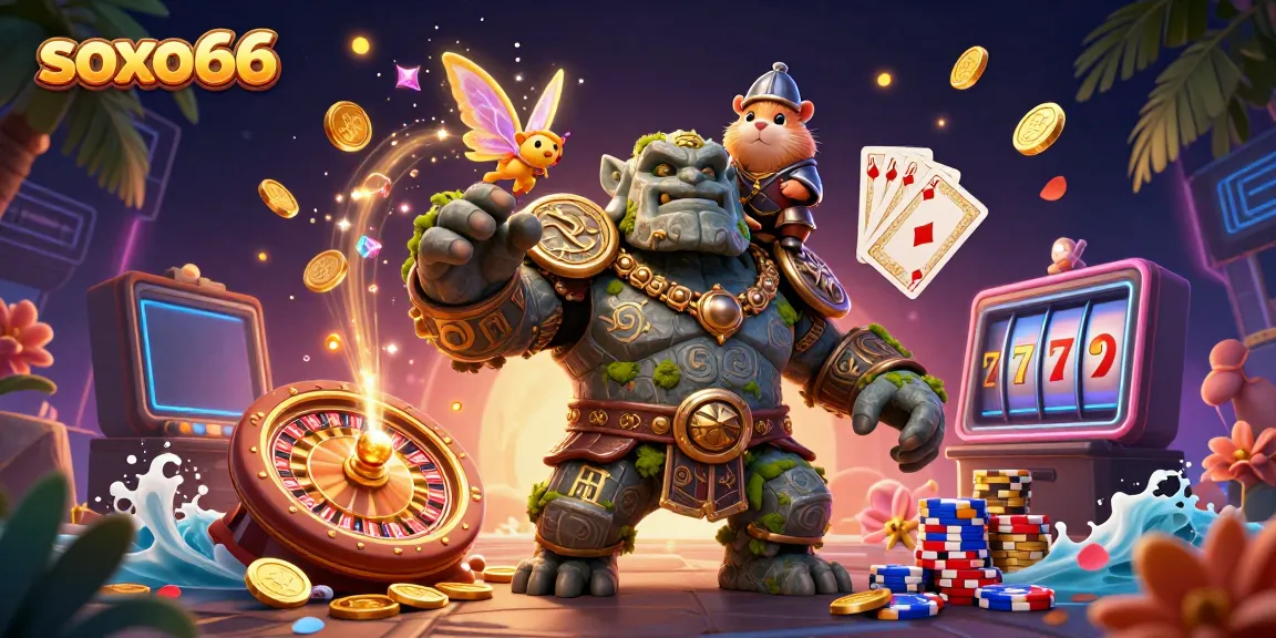 Experience the magic of soxo66 in this vibrant casino scene filled with fantasy characters and winnings.