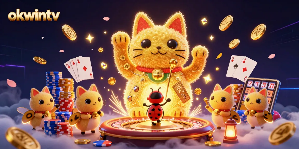 Experience winning moments with okwintv's captivating gambling visuals, featuring a lucky cat and casino symbols.