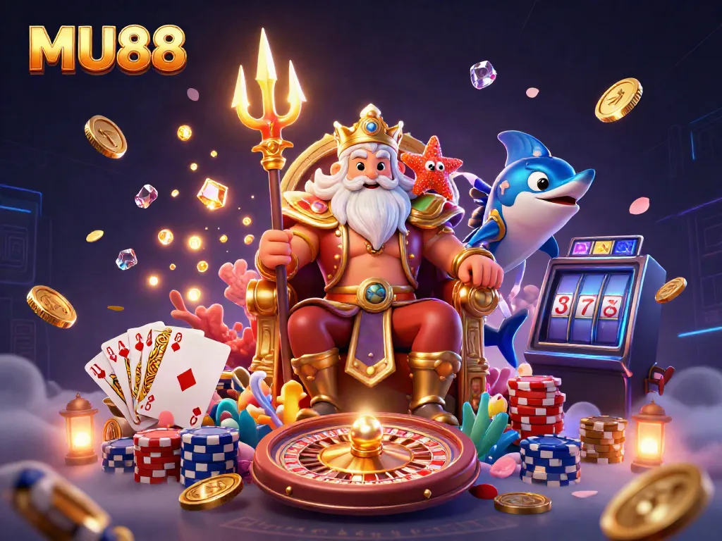 Win big with MU88 in this vibrant casino illustration featuring Neptune and exciting gaming elements.