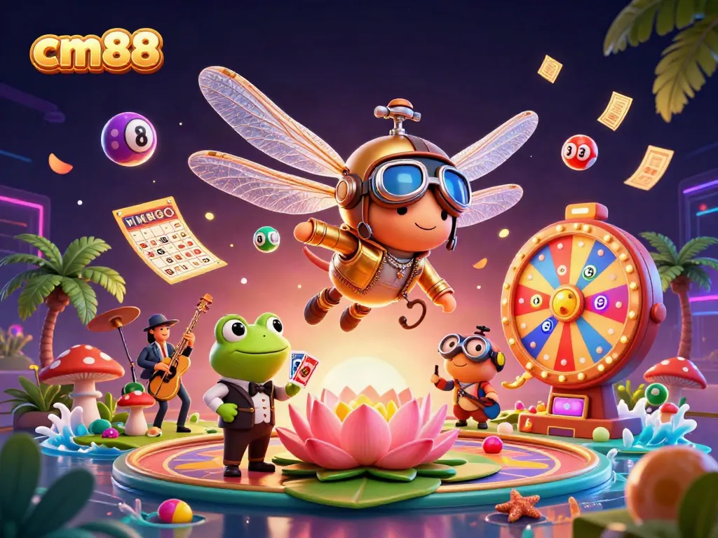 Experience thrilling gaming action at cm88 with a vibrant casino scene featuring a dragonfly pilot and frog croupier.