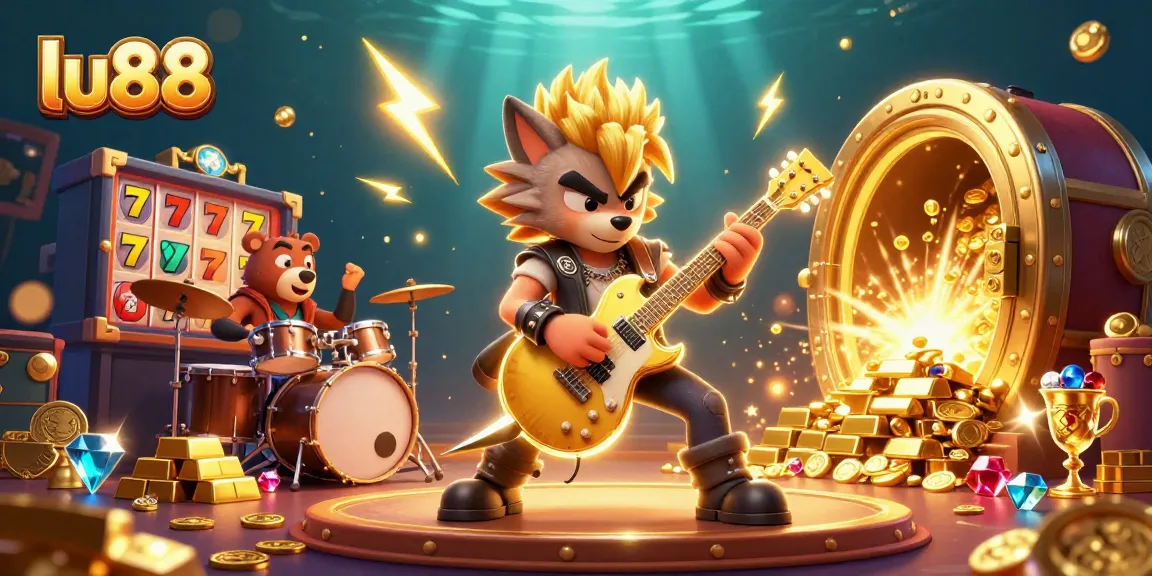 lu88 showcases an exciting casino experience with slot elements and dynamic characters on stage