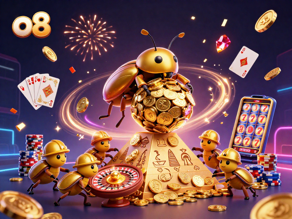 Play and win at o8 with a golden dung beetle and casino excitement in a vibrant 3D scene.