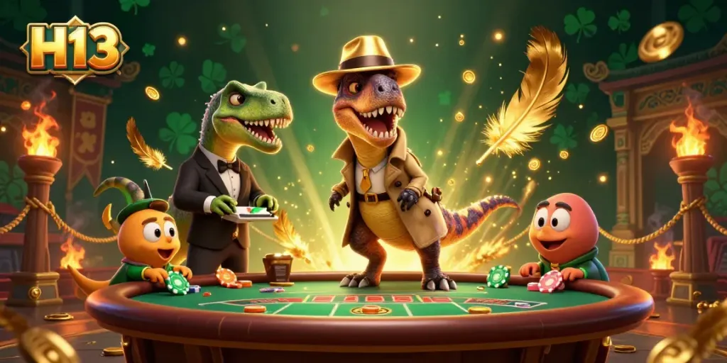 H13 gambling scene with a cartoon velociraptor card counter, surrounded by casino elements and golden sparkle effects.