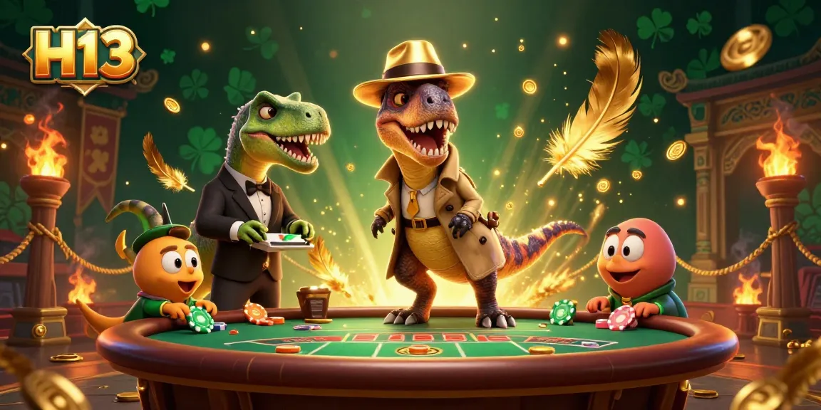 H13 gambling scene with a cartoon velociraptor card counter, surrounded by casino elements and golden sparkle effects.