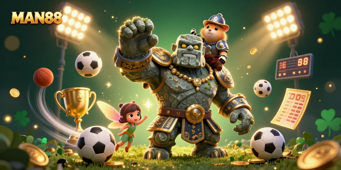 Get ready to win with MAN88 as the stone golem guardian and magical fairy create a vibrant sports betting scene!