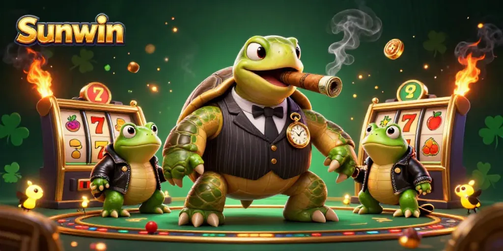 Sunwin showcases a lively 3D scene with a snapping turtle and bullfrog enforcers in an exciting casino environment.