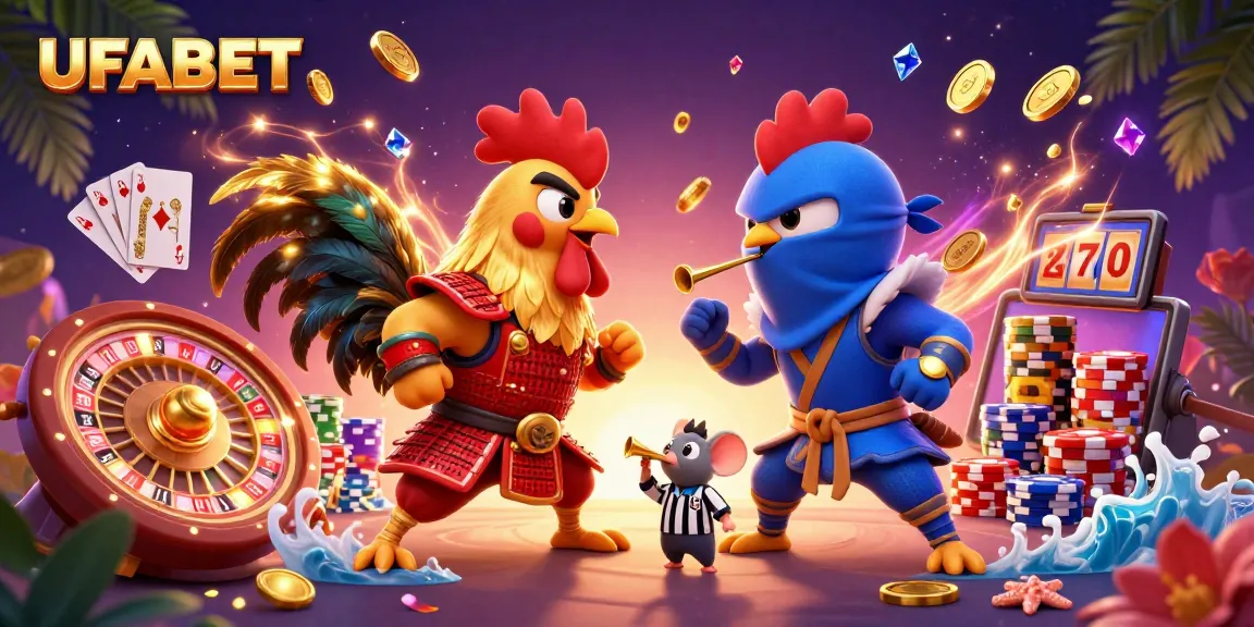 Watch twin roosters duel in vibrant UFABET-themed casino scene, showcasing action-packed gambling elements.