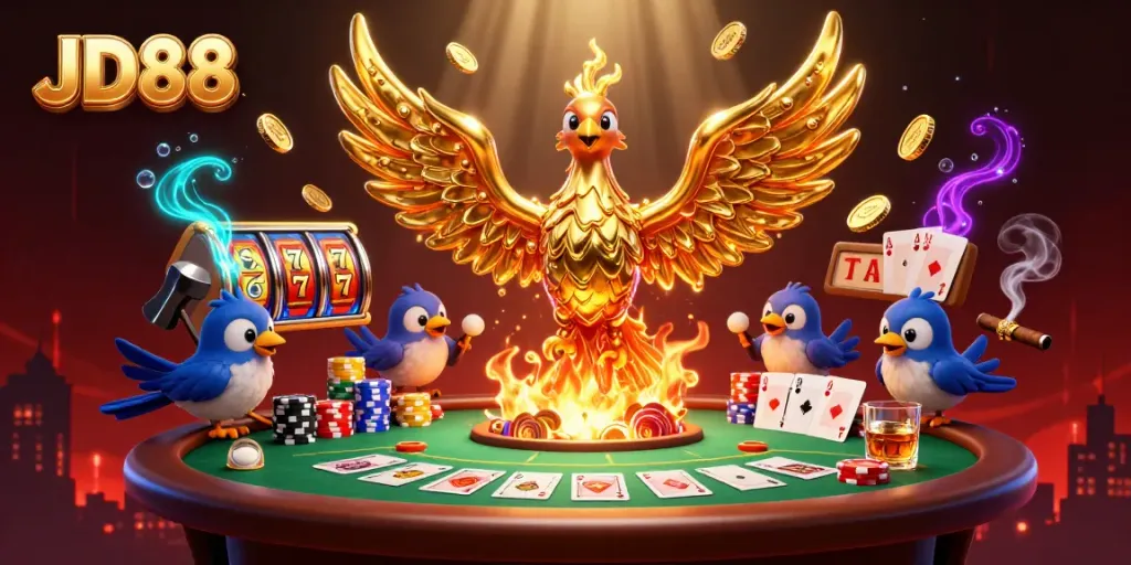 Engage with JD88's vibrant casino atmosphere featuring a molten phoenix and poker elements.