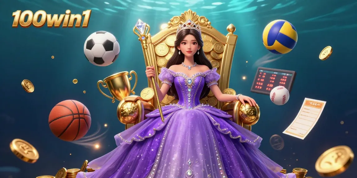 Bet big with 100win1, featuring a royal casino scene with dynamic sports elements and lively glory.