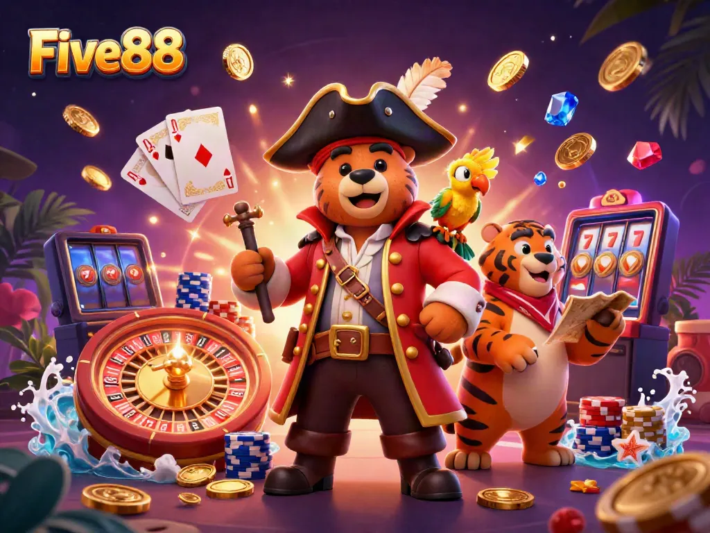 Experience thrilling gameplay at Five88 with a cartoon pirate bear and friends in an exciting casino scene.