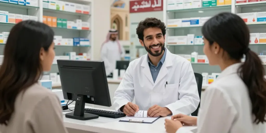 What pharmacists can earn uae showcased in a professional pharmacy setting with a pharmacist assisting a customer.