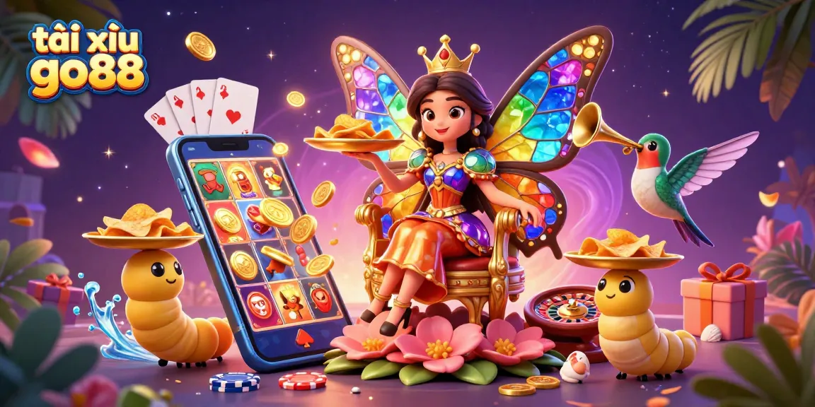 Engaging scene with characters celebrating tài xỉu go88 gameplay featuring casino elements like smartphone, coins, and cards.