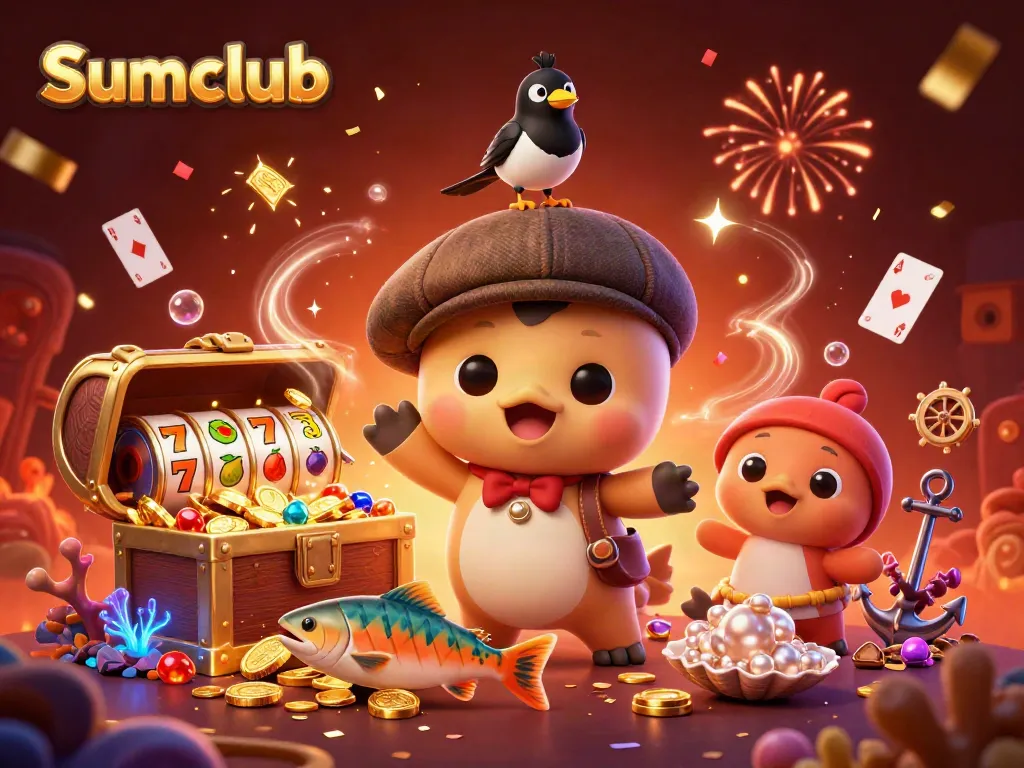 Engaging scene showcasing Sumclub with cartoon Nessie, magpie, treasure, and slots.