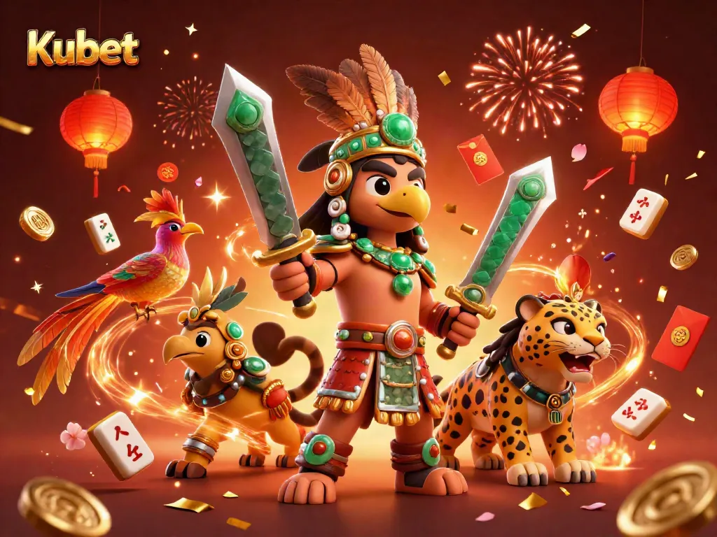 Experience thrilling gameplay at Kubet with vibrant Aztec-themed illustration, showcasing casino excitement.