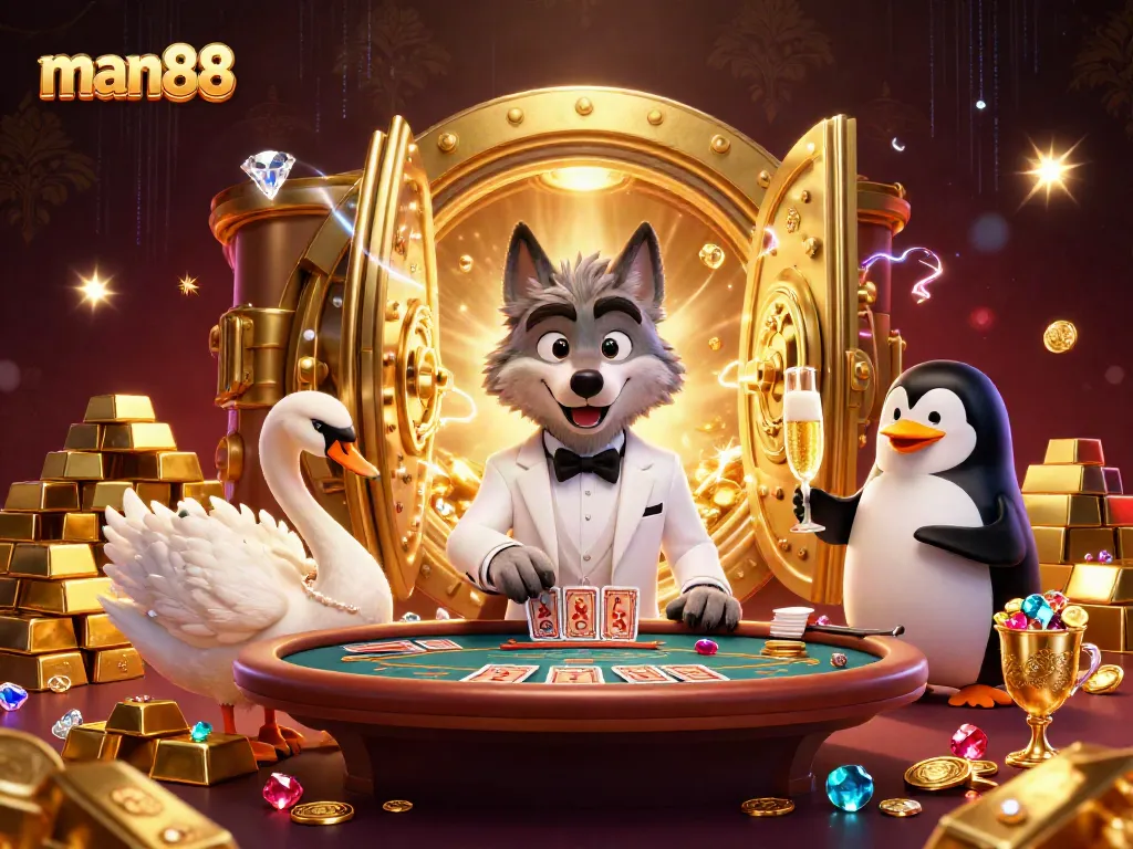 Experience the vibrant atmosphere of man88's baccarat table with lively characters and dazzling treasures.