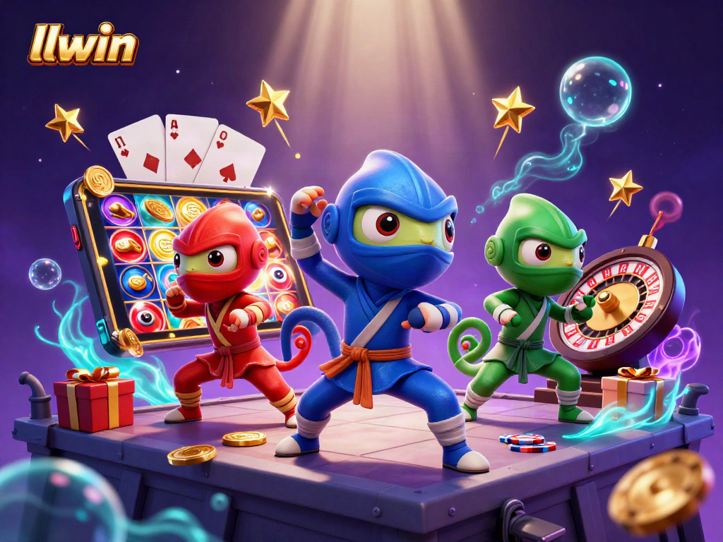 Experience thrilling gameplay with llwin as colorful chameleon ninjas showcase martial arts and casino elements in a dynamic 3D scene.