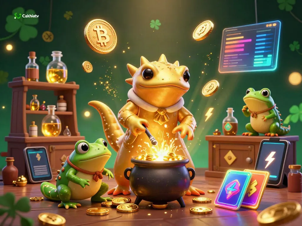 Cakhiatv showcases a magical scene of gold transmutation in a mystical lab, blending fantasy with crypto elements for an enchanting gambling experience.