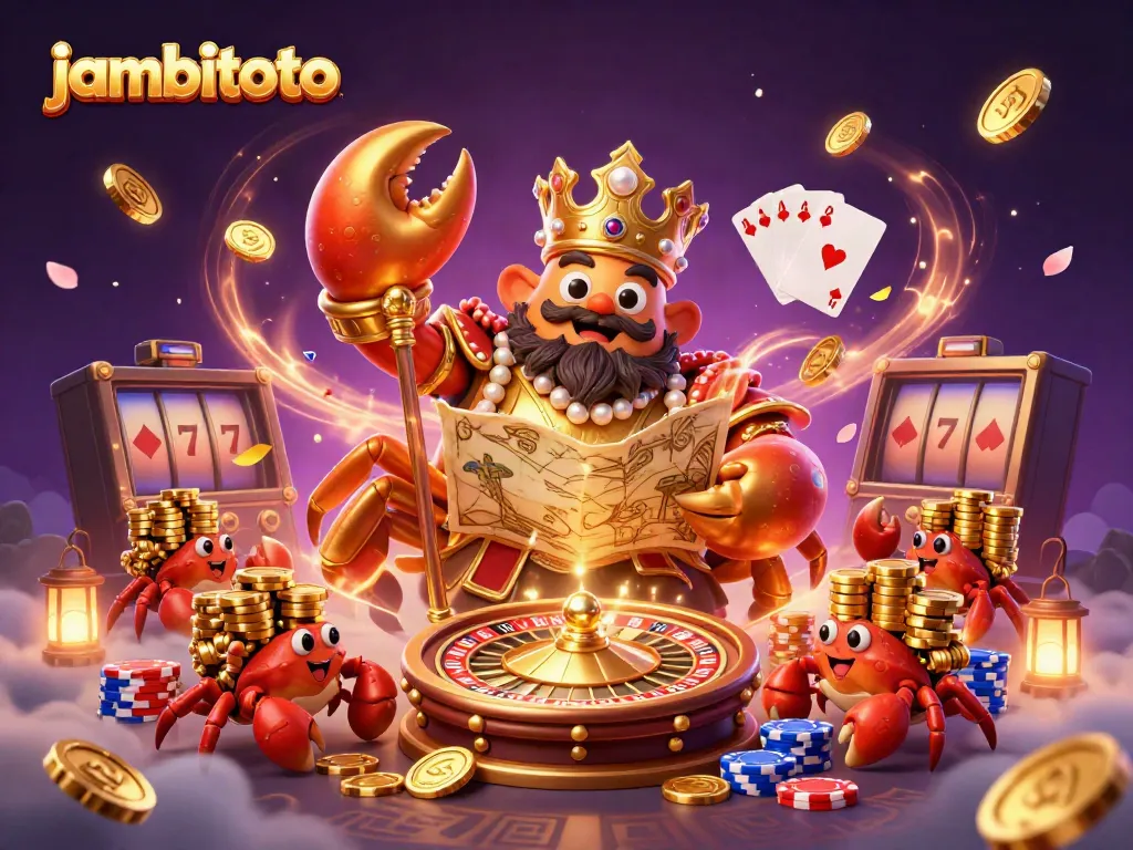 Engage in thrilling action at jambitoto with a lavish cartoon casino scene showcasing golden crab, treasures, and vibrant game elements.