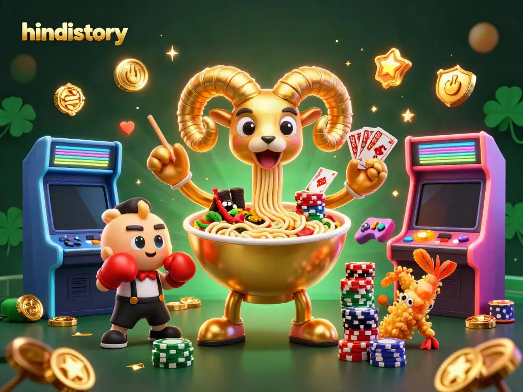 Engaging scene with hindistory characters, a golden ramen bowl and sushi dealer, combining gambling elements like coins and arcade machines.