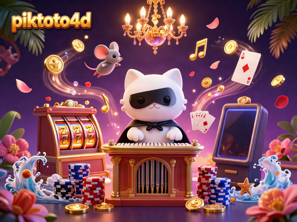 Experience the vibrant action at piktoto4d, featuring a cat organist and lucky slot symbols.