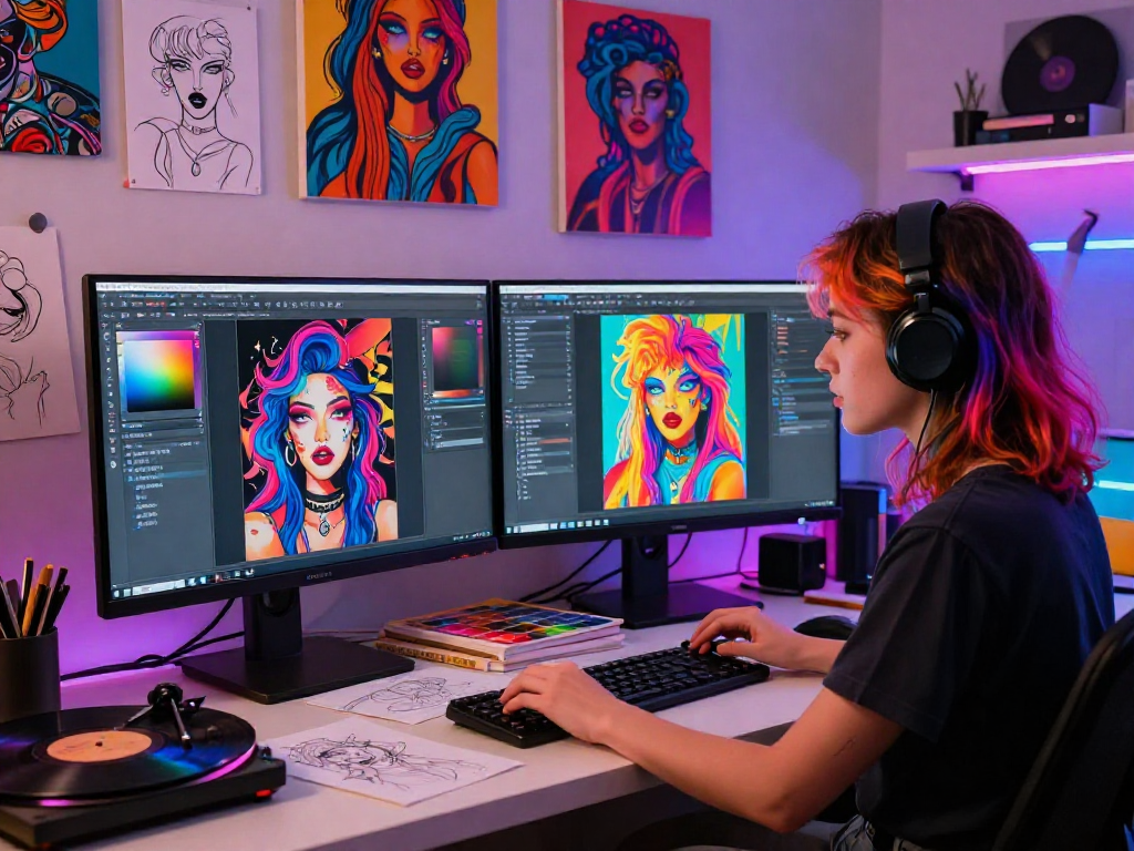 Artist creating nsfw ai artwork in vibrant studio with digital tools.