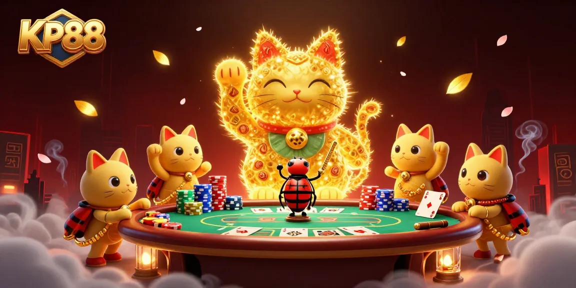 Experience the excitement of KP88 with a playful lucky cat and vibrant casino elements.