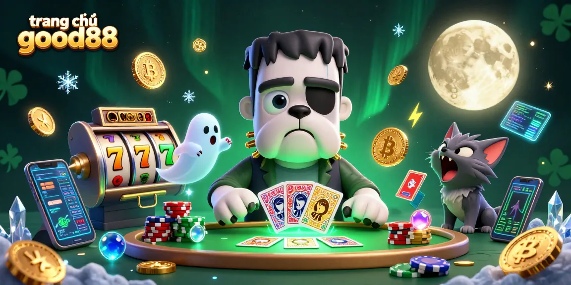 Experience gaming at trang chủ good88 with cartoon characters and lively casino elements in a dynamic illustration.