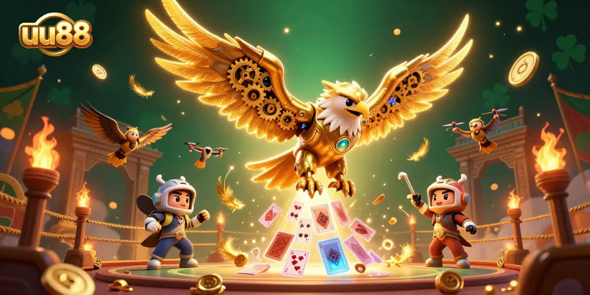 Experience the thrill of uu88 betting with a cybernetic eagle amidst vibrant gambling elements.