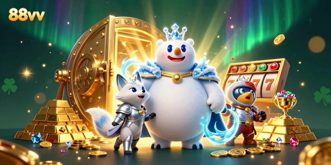 Engage with 88vv's thrilling casino adventures featuring a polar bear king and snow fox amidst wealth and gaming action.