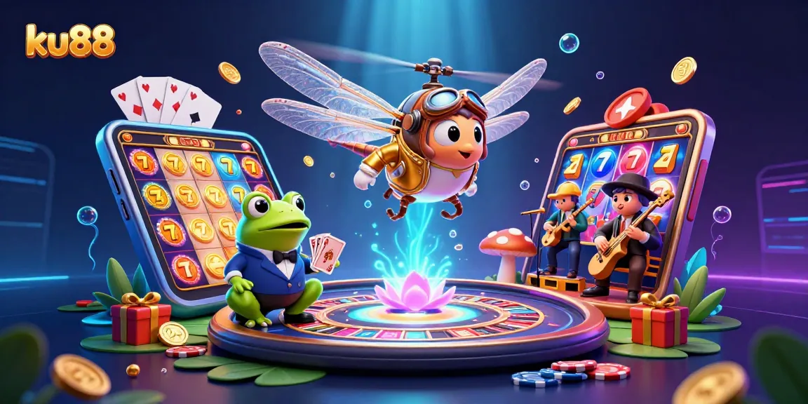 Win big with ku88 as a dragonfly pilot oversees a vibrant lily pad casino scene.