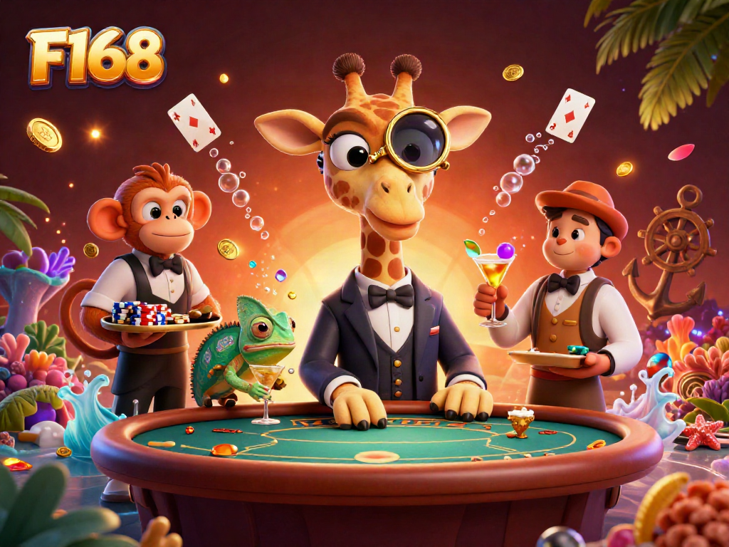Experience the excitement of F168 with a high-roller giraffe at a vibrant casino scene.