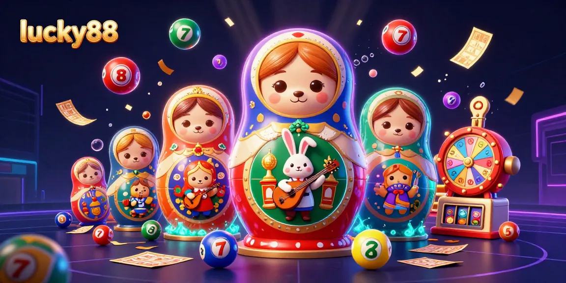 Engage with lucky88's vibrant casino scene of Matryoshka bears and bouncing lottery balls.