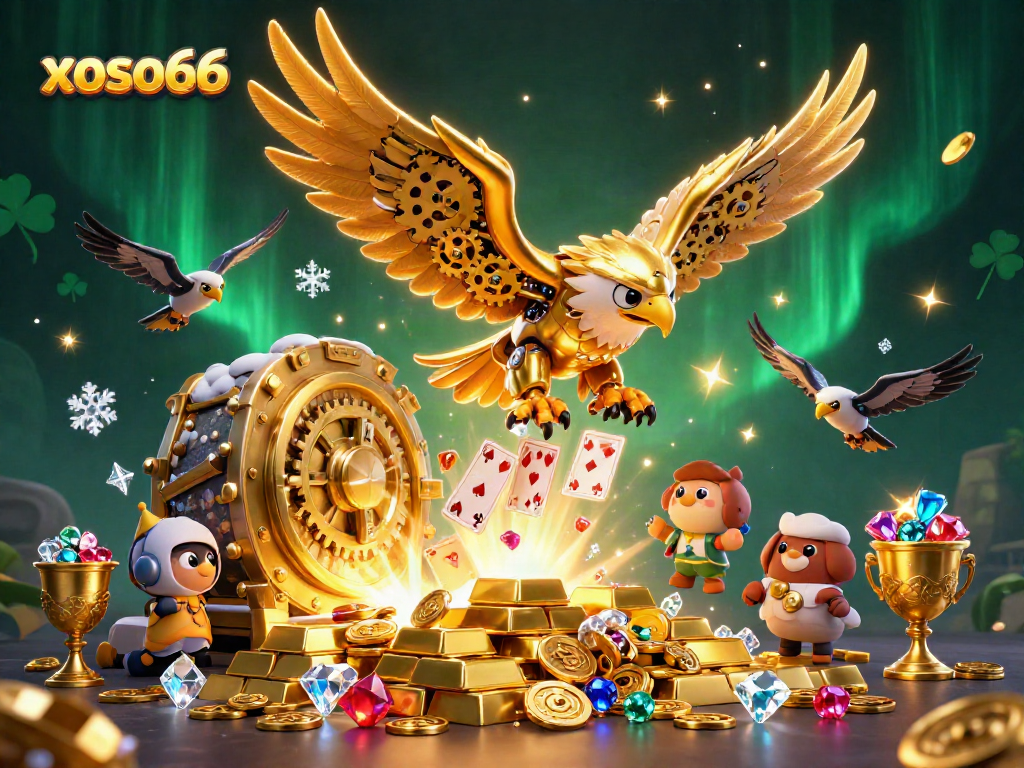 Experience thrilling gameplay with xoso66's 3D cybernetic eagle soaring through a treasure-laden casino