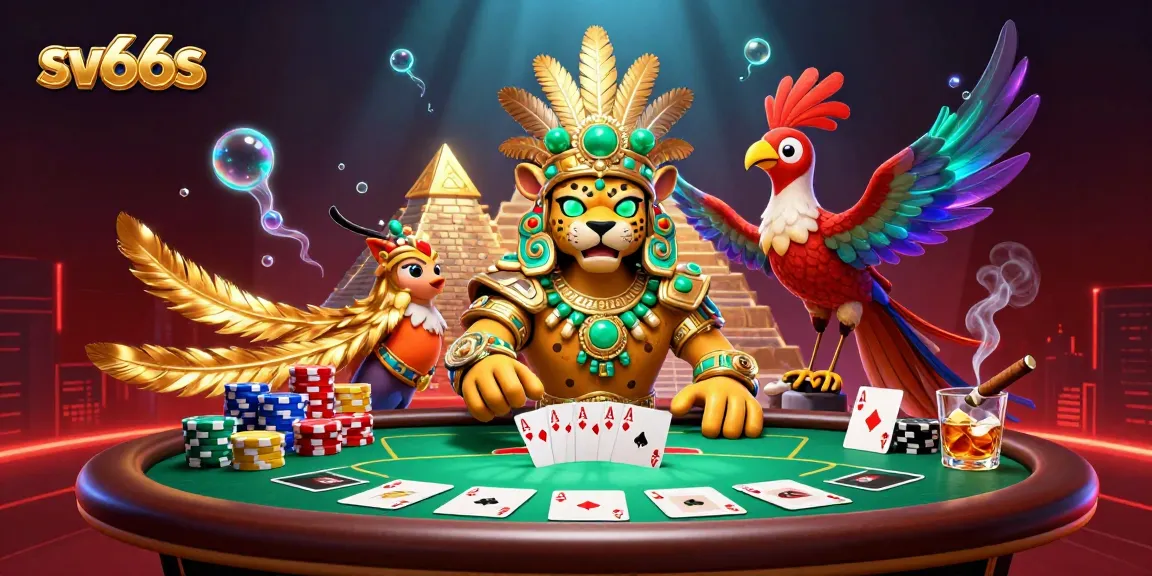 Experience thrilling games at sv66s, illustrated with a vibrant casino scene featuring unique characters and rich gambling elements.